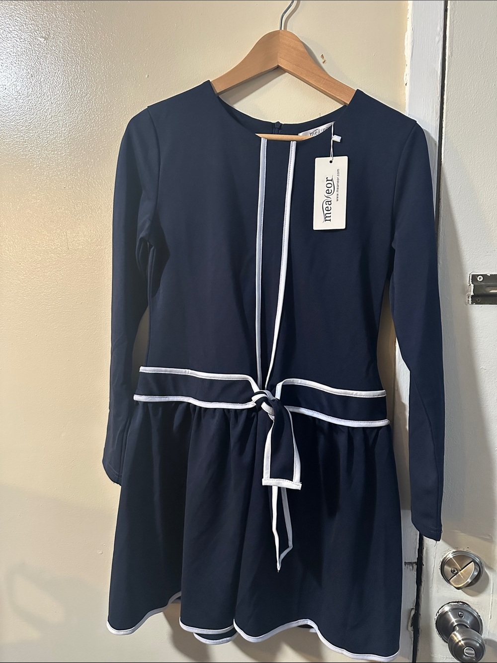 Navy Long-Sleeve Tie-Waist Dress